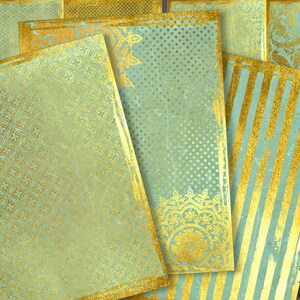 Gold leaf teal green scrapbook vintage papers decorative floral scrapbooking card making junk journal metallic paper pack digital download