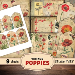 Digital Red Poppy Grunge Collage Prints - Vintage-Inspired Ephemera Designs for Junk Journaling and Craft Projects