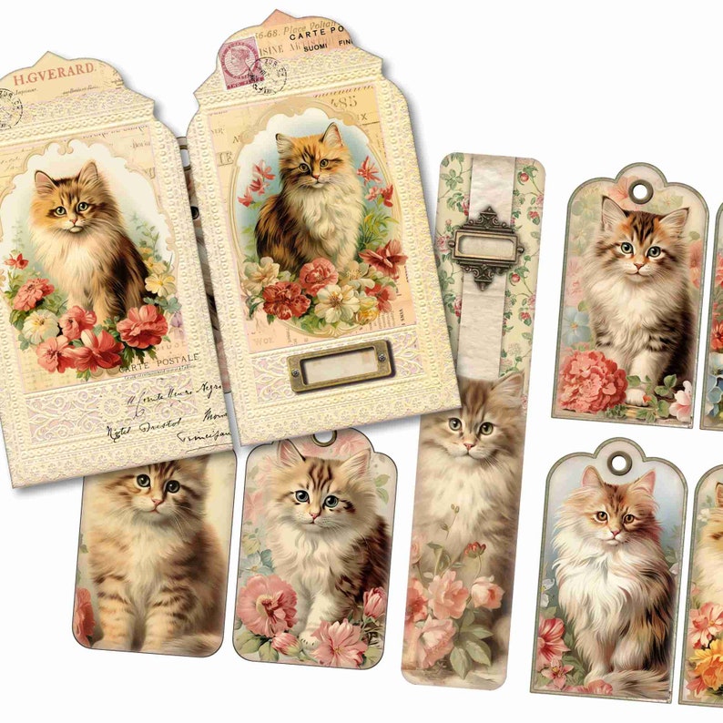 Vintage Cats junk journal folio kit with cards,  journaling tags, instant download