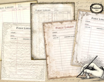 May include: Four vintage-style public library book checkout cards with a hand holding a quill pen. The cards have spaces for the title, author, date due, and borrower's name.