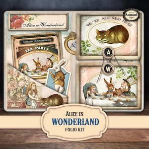 Alice in Wonderland folio junk journal kit, Labels, Journal pockets, Ephemera, White Rabbit, Mad Hatter, Cheshire Cat, Digital Download