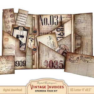 Vintage invoices ephemera folding folio craft kit, Folding folio mini project, Printable loaded folio pocket journal with cards, tags, digi