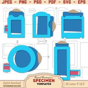 May include: A digital download of specimen templates in blue and tan. The templates include various shapes and sizes, with the text "SPECIMEN TEMPLATES" and "US Letter 11"x8.5"" visible. The image also includes the text "digital download You download and print".