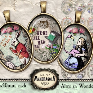 Alice in Wonderland Oval Images: Jewelry Cabochons, Pendants (Digital Download)