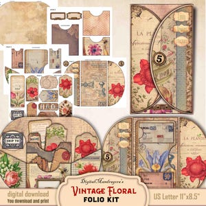 Junk Journal - Loaded Folder Floral Folio Kit - Easy DIY Digital Printable with Flowers - Journal Pockets Cards Labels Hanging Tags