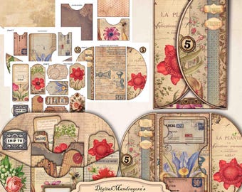 Vintage Floral Junk Journal Folio Kit — Printable Tri-Fold Loaded Folder & Ephemera Holder