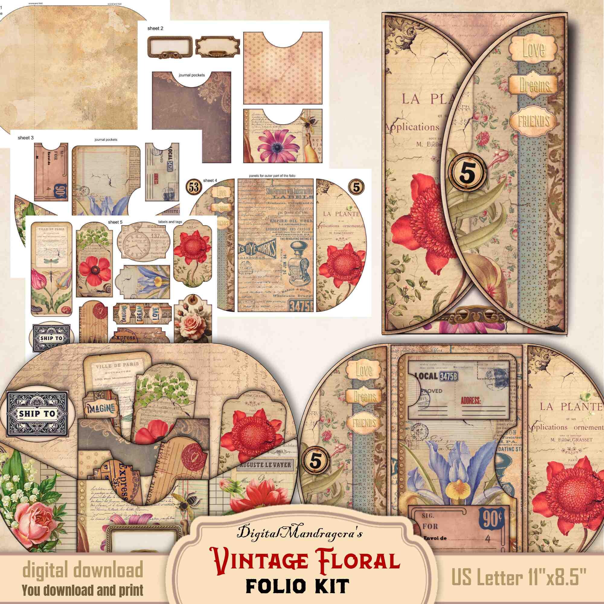 Vintage Floral Junk Journal Folio Kit — Printable Tri-fold Loaded ...