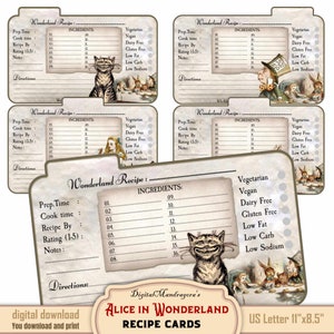 Alice in Wonderland recipe cards, digital writing paper, vintage Alice recipe cards with tabs , instant digital download