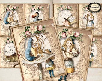 Alice in Wonderland scrapbook junk journal cards,  instant digital download