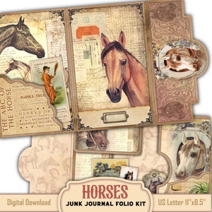 Vintage horses equestrian folding folio craft kit, Folding folio mini project, Digital loaded folio pocket journal with cards tags labels
