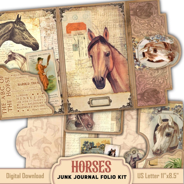 Vintage horses equestrian folding folio craft kit, Folding folio mini project, Digital loaded folio pocket journal with cards tags labels