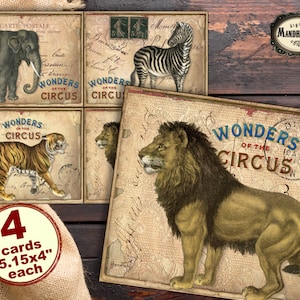 Circus postcards, vintage circus cards, circus ephemera, junk journal cards, old postcards, wild animals, instant digital download