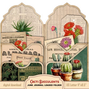 Junk Journal Kit with Succulent Printable Ephemera - DIY Foldable Folio Template for Creating a Vintage Cactus Inspired Digital Journal