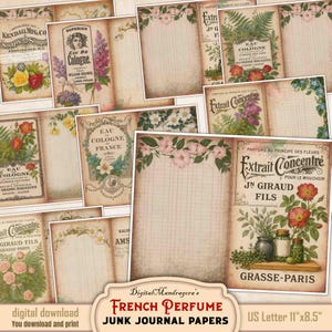 French Perfume Junk Journal Pages, Foldable US Letter, Floral Writing Paper, Vintage Ephemera, Digital Download, Old Stained Design
