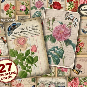 Cottage chic roses and butterflies ephemera cards, for scrapbooking, assorted floral papers for  journaling, instant digital download