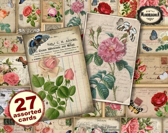 Cottage chic roses and butterflies ephemera cards, for scrapbooking, assorted floral papers for  journaling, instant digital download