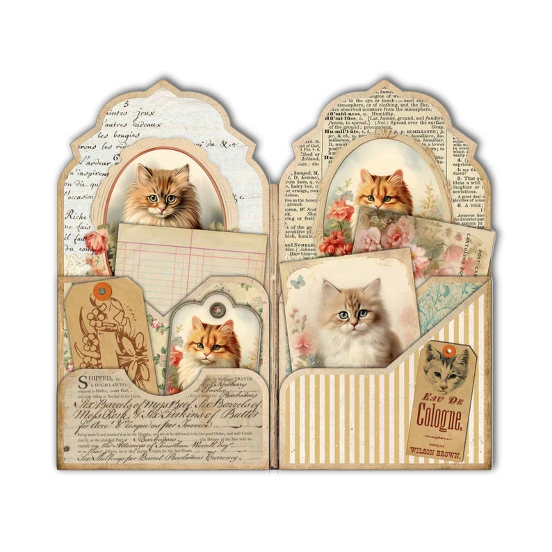 Vintage Cats junk journal folio kit with cards,  journaling tags, instant download