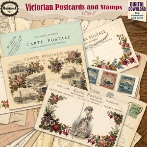 Può includere: Una collezione di cartoline e francobolli in stile vintage con illustrazioni floreali, scene architettoniche e una figura con ombrello. Il testo include Victorian Postcards and Stamps, 11"x8.5", Digital Download e Carte Postale.