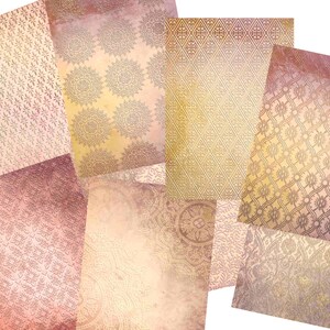 May include: Set of six digital paper sheets with a pink and gold color scheme. The papers feature various intricate patterns, including geometric designs and floral motifs.