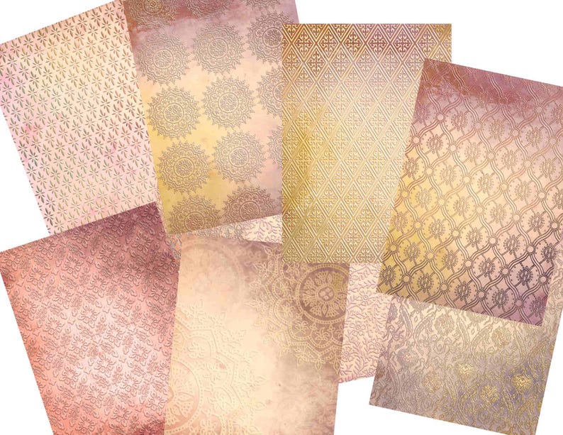 May include: Set of six digital paper sheets with a pink and gold color scheme. The papers feature various intricate patterns, including geometric designs and floral motifs.