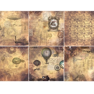 May include: A digital collage featuring a steampunk theme with vintage clocks, airships, and gears on a textured background.