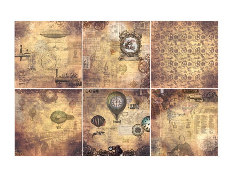May include: A digital collage featuring a steampunk theme with vintage clocks, airships, and gears on a textured background.