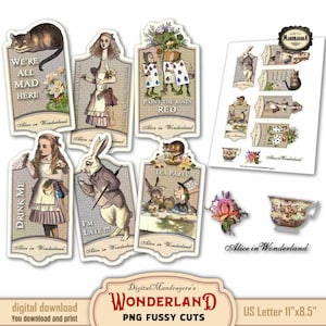 Alice in Wonderland PNG fussy cuts, Printable digital journaling stickers