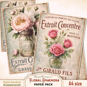 Vintage French Advertisement Label Papers – Printable Floral Ephemera Pages, Digital Download for Junk Journals, Cards & Decoupage
