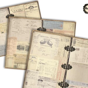 Old open book with vintage invoices, old receipts, junk journal add-on, scrapbooking ephemera, digital download