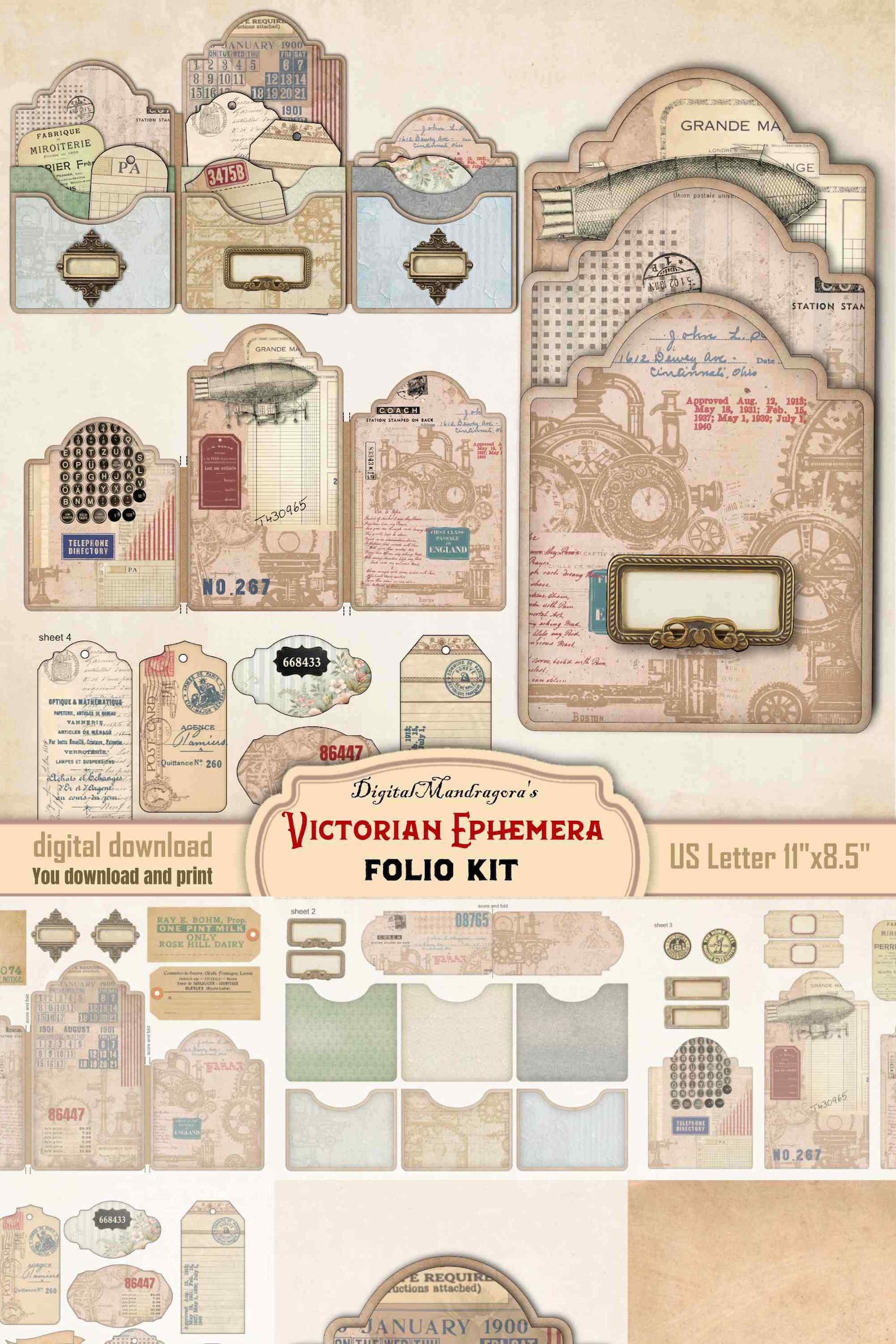 Victorian Junk Journal Trifold Folio Kit – Vintage Ephemera, Industrial ...