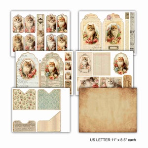 Vintage Cats junk journal folio kit with cards,  journaling tags, instant download