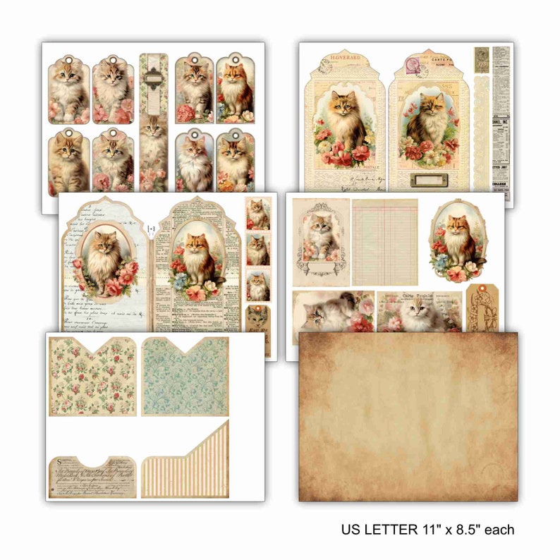 Vintage Cats junk journal folio kit with cards,  journaling tags, instant download