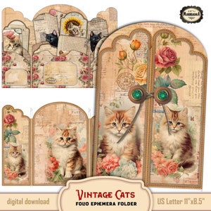Vintage Cats Ephemera Holder, Easy DIY Junk Journal, Digital Printable Cards, For Cat Lovers, Journaling Ephemera Hanging Tags, Kittens