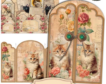 Vintage Cats Ephemera Holder, Easy DIY Junk Journal, Digital Printable Cards, For Cat Lovers, Journaling Ephemera Hanging Tags, Kittens