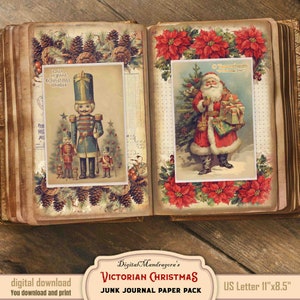Victorian Christmas Junk Journal foldable pages: Ephemera collage sheets & Antique Santa Claus Prints, PNG Fussy Cuts, Cards, Hanging Tags