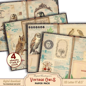 Vintage owls ephemera junk journal prints, decorative papers for junk journaling and scrapbooking, digital download