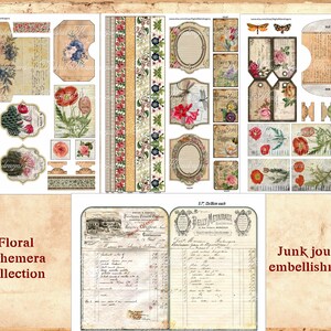 May include: A collection of vintage floral ephemera and junk journal embellishments. The ephemera includes floral illustrations, lace trim, and labels. The embellishments include tags, ribbons, and a vintage ledger page.