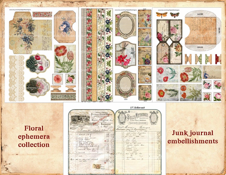 May include: A collection of vintage floral ephemera and junk journal embellishments. The ephemera includes floral illustrations, lace trim, and labels. The embellishments include tags, ribbons, and a vintage ledger page.