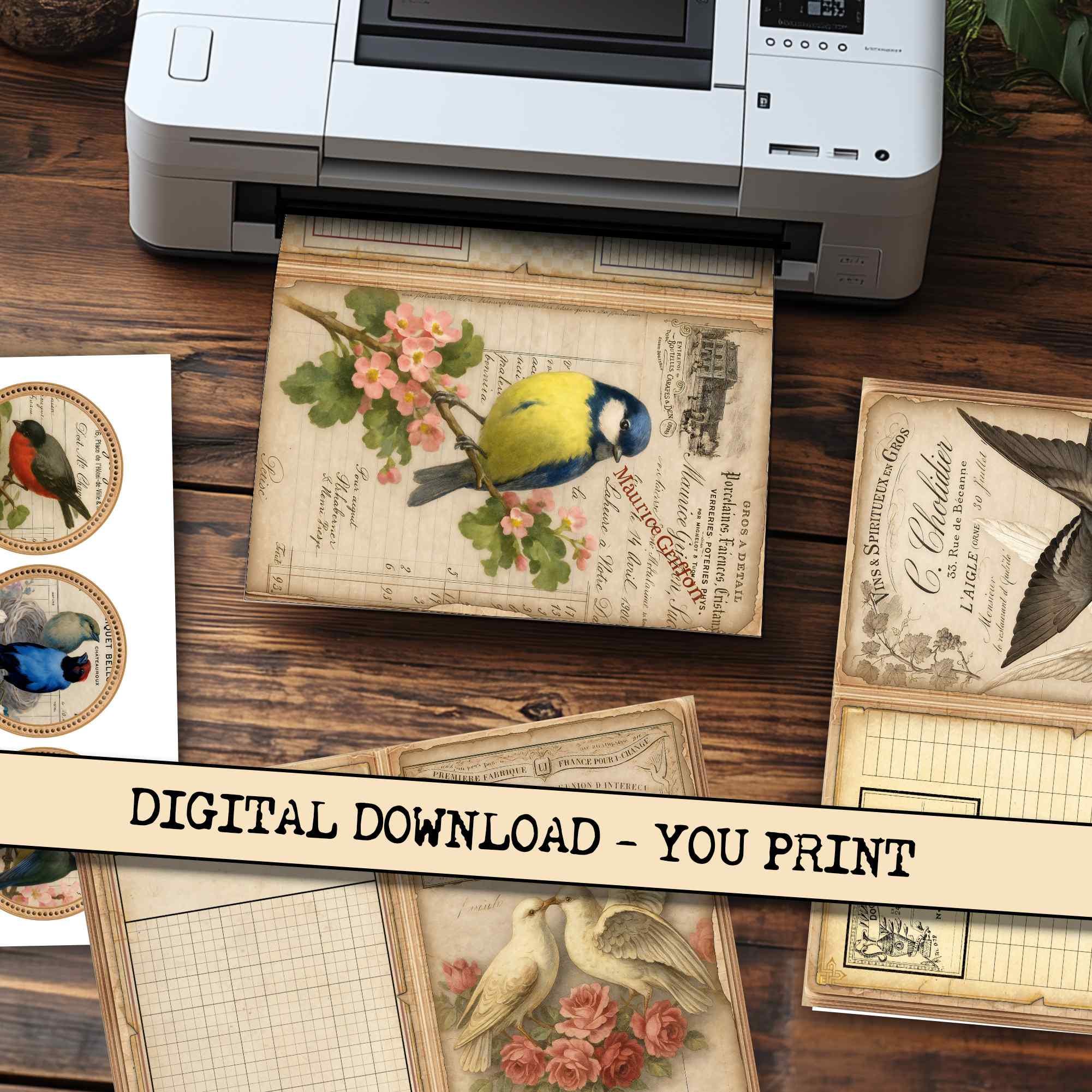 Vintage Bird Ephemera Junk Journal Kit – Printable French Invoice ...