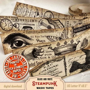 Printable Digital Ephemera Washi Tape, Vintage Black and White Ink Saver Junk Journal Add-ons, Steampunk Scrapbook and Card Making Supplies