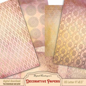 May include: Four digital paper designs in a pink and gold color scheme. The papers feature intricate patterns and designs, including floral motifs, geometric shapes, and mandala-like patterns. The papers are designed for use in crafting and scrapbooking projects. The text "Digital Mandragora's Decorative Papers US Letter 11"x8.5"" is included in the image.