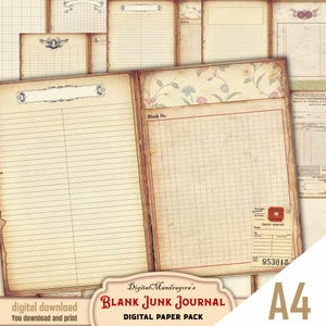 Può includere: Una collezione di pagine di diario vuote in stile vintage con layout a righe e a griglia. Le pagine hanno un aspetto invecchiato e usurato con accenti floreali e bordi decorativi. Il testo "BLANK JUNK JOURNAL" e "DIGITAL PAPER PACK" è visibile.