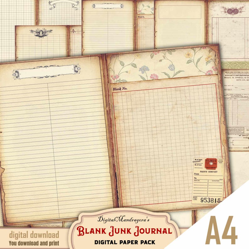 Vintage grunge invoice double page paper pack for junk journal