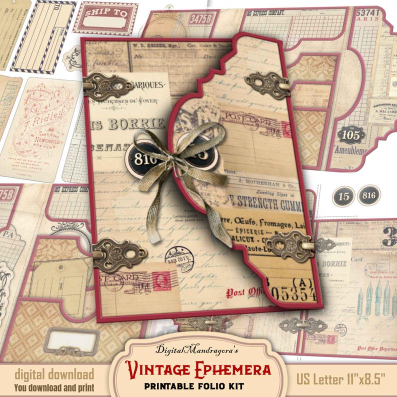 Vintage loaded folio ephemera kit for DIY paper crafts, digital download