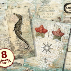 Vintage Nautical Journal Paper Pack: Sea Life Ephemera (Digital Download)