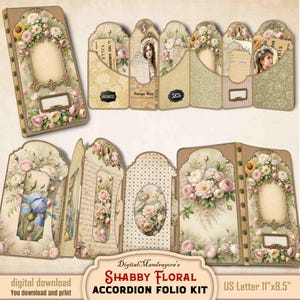 Kit Accordion Folio - Flap Shabby Floral Junk Journal - Kit di download digitale per lavori di carta con etichette e biglietti
