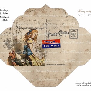 May include: A printable envelope template featuring an illustration of Alice in Wonderland with a vintage postcard design. The envelope is 6.23 inches by 3.6 inches and can be printed on US letter or A4 size paper.