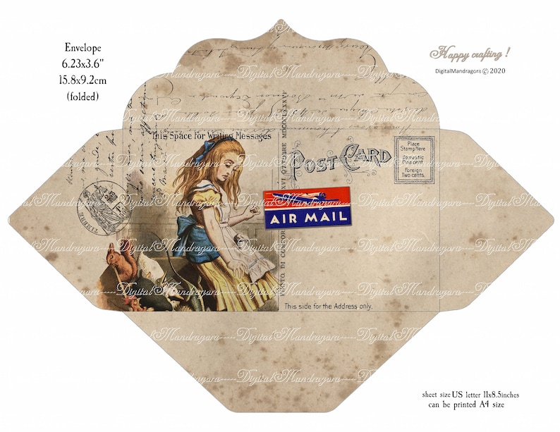 May include: A printable envelope template featuring an illustration of Alice in Wonderland with a vintage postcard design. The envelope is 6.23 inches by 3.6 inches and can be printed on US letter or A4 size paper.