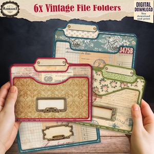 May include: Six vintage file folders with decorative labels and ornate designs. The folders feature floral, patterned, and aged paper backgrounds. The image includes the text "6x Vintage File Folders" and "DIGITAL DOWNLOAD".