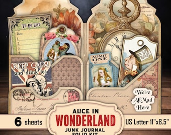 Alice in Wonderland Folio Kit, Whimsical  Loaded Folder, Easy DIY Junk Journal Digital Printable Cards, Journaling Ephemera Hanging Tags